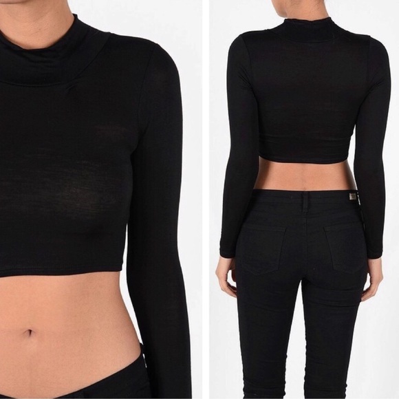 BLACK MOCK NECK LONG SLEEVE CROP TOP - Picture 6 of 7